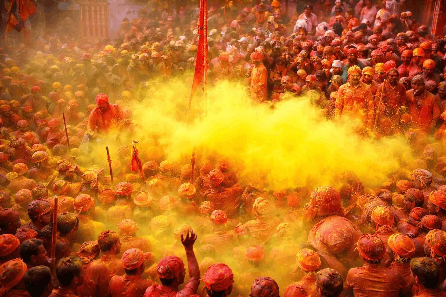 Pushkar Holi festival crowd celebrating with natural colors and festive energy